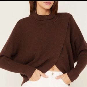 Revel Women’s Wrap Front Ribbed Knit Sweater Size L Brown Mock Neck Oversized